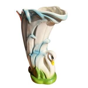 Vtg Swan Ceramic Vase Planter Blue Green White MCM Unsigned McCoy Pottery Retro
